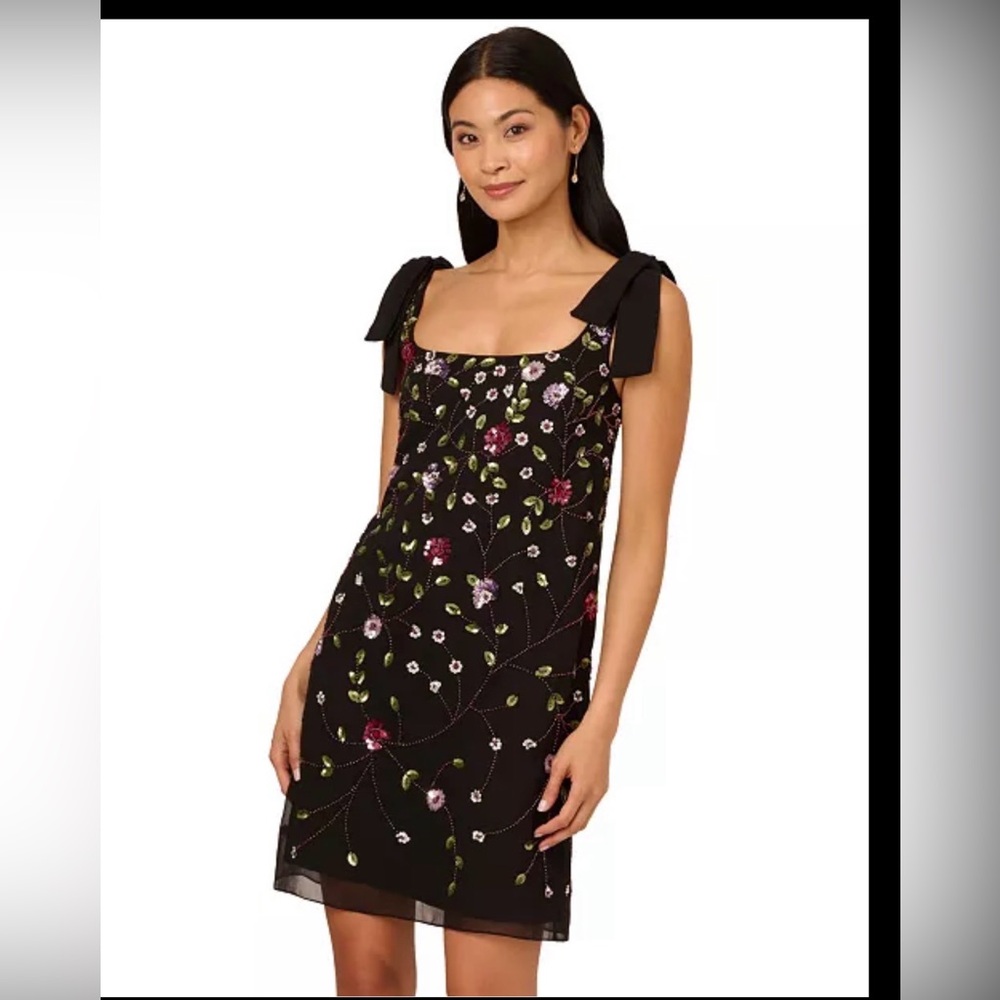 Adrianna Papell Black Floral Beaded Tie-Shoulder Mini Dress